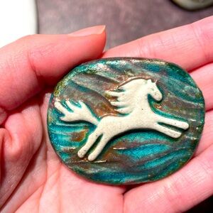 Raku pottery white horse unicorn worry stone art piece OOAK ceramic